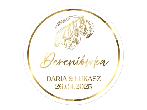 Złocone naklejki na Dereniówkę, etykiety Dereniówka weselna, okrągłe personalizowane
