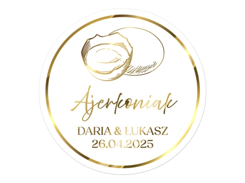 Złocone naklejki na Ajerkoniak, etykiety Ajerkoniak weselny, okrągłe personalizowane