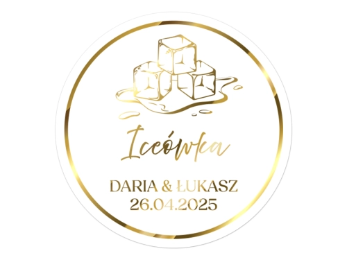 Złocone naklejki na Iceówkę, etykiety Iceówka weselna, okrągłe personalizowane