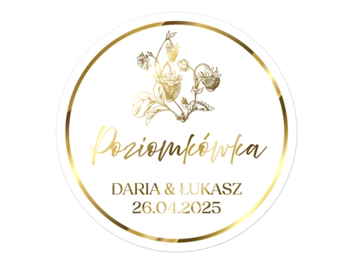 Złocone naklejki na Poziomkówkę, etykiety Poziomkówka weselna, okrągłe personalizowane
