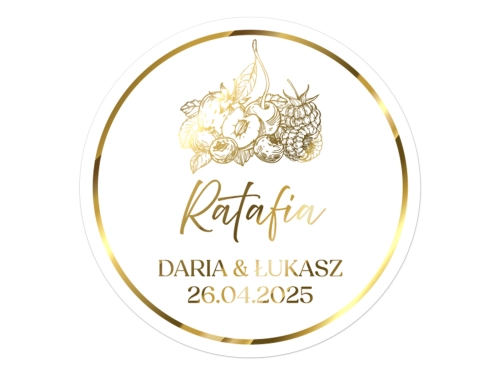 Złocone naklejki na Ratafię, etykiety Ratafia weselna, okrągłe personalizowane