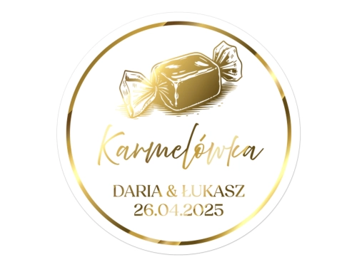 Złocone naklejki na Karmelówkę, etykiety Karmelówka weselna, okrągłe personalizowane