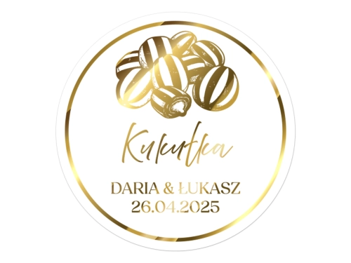 Złocone naklejki na Kukułkę, etykiety Kukułka weselna, okrągłe personalizowane