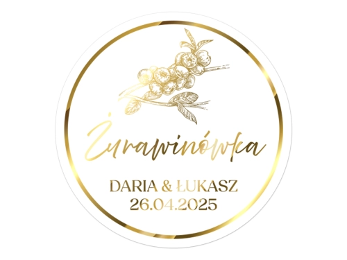 Złocone naklejki na Żurawinówkę, etykiety Żurawinówka weselna, okrągłe personalizowane