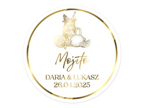 Złocone naklejki na Mojito, etykiety Mojito weselne, okrągłe personalizowane
