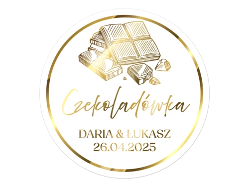 Złocone naklejki na Czekoladówkę, etykiety Czekoladówka weselna, okrągłe personalizowane