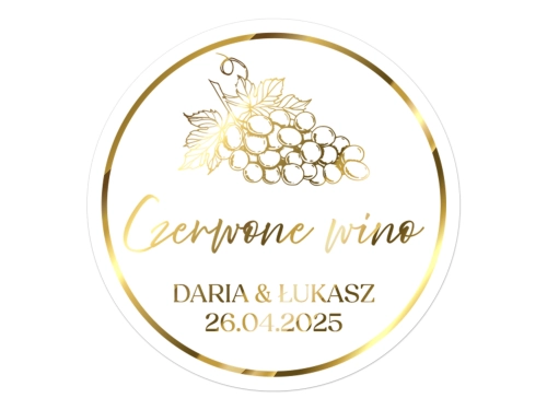 Złocone naklejki na Czerwone Wino, etykiety Czerwone Wino weselne, okrągłe personalizowane