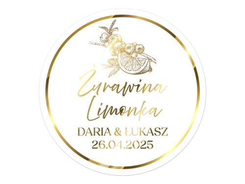 Złocone naklejki na Żurawinę-Limonkę, etykiety Żurawina Limonka, okrągłe personalizowane