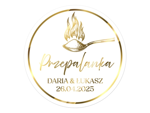 Złocone naklejki na Przepalankę, etykiety Przepalanka weselna, okrągłe personalizowane