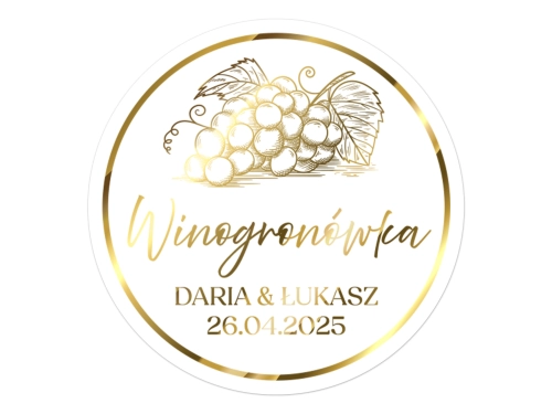 Złocone naklejki na Winogronówkę, etykiety Winogronówka weselna, okrągłe personalizowane