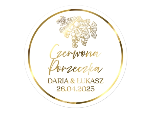 Złocone naklejki na Czerwoną Porzeczkę, etykiety Czerwona Porzeczka, okrągłe personalizowane
