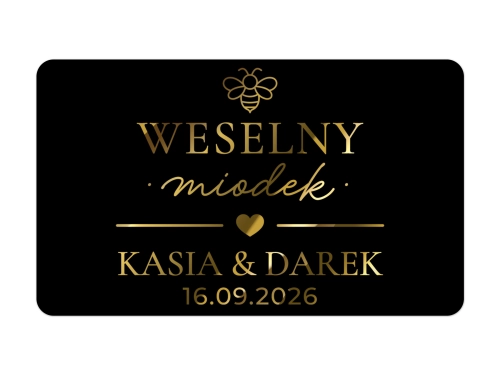 Czarne naklejki złocone na słoiczki z miodem wesele
