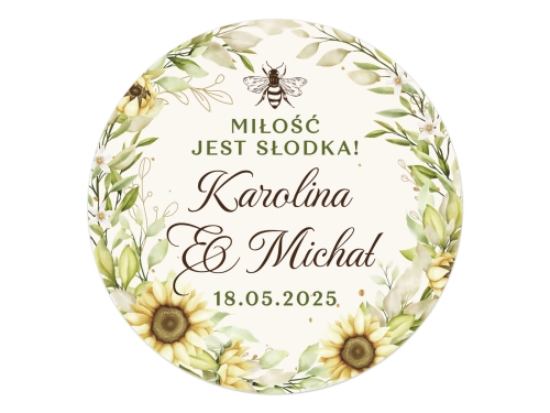 Okrągłe naklejki na miodki weselne kolorowe
