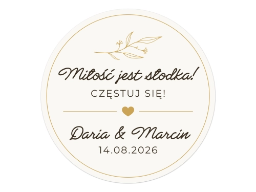 Okrągłe naklejki na miodki weselne kolorowy nadruk