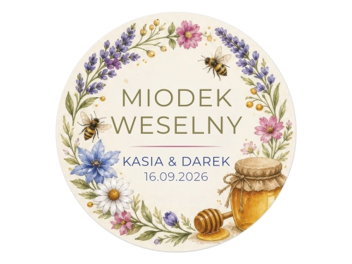 Okrągłe naklejki na miód weselny personalizowane