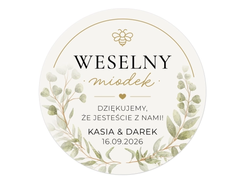 Eleganckie okrągłe etykiety na miodki wesele