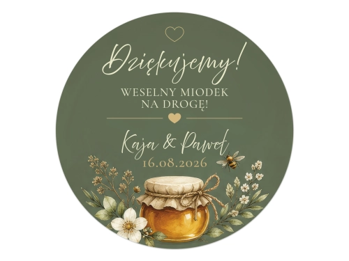 Personalizowane okrągłe etykiety na miód weselny