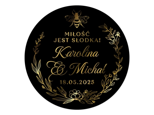 Złocone okrągłe naklejki na miodki weselne czarna folia