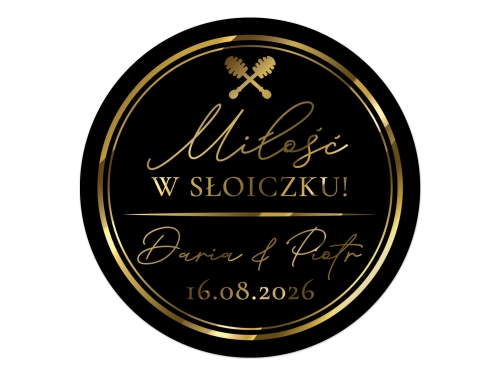 Okrągłe etykiety złocone na czarnej folii na miód weselny