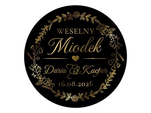 Personalizowane złocone naklejki okrągłe czarne miodki