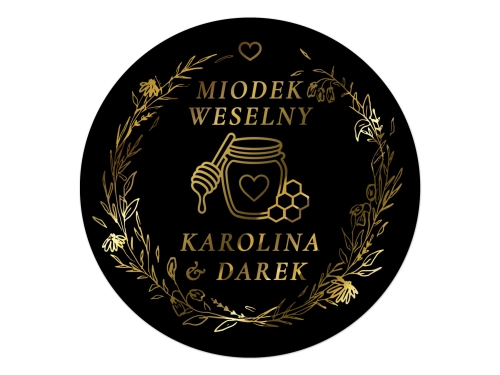 Personalizowane okrągłe etykiety złocone czarna folia miód