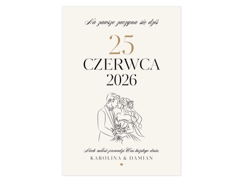 Personalizowany plakat ślubny z datą ślubu imionami i minimalistyczną ilustracją pary młodej