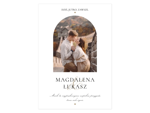 Personalizowany plakat ślubny ze zdjęciem imionami i romantycznym cytatem dla pary młodej