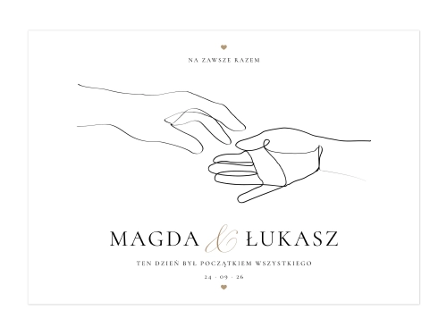 Personalizowany plakat ślubny poziomy z imionami datą ślubu i minimalistycznym motywem dłoni