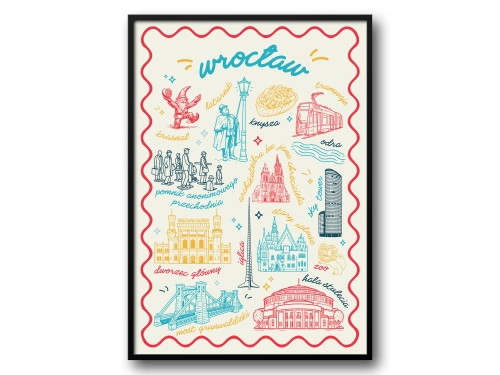 Wrocław– Ilustrowany Plakat z Ikonami Miasta (Wersja Czerwono-Turkusowa)