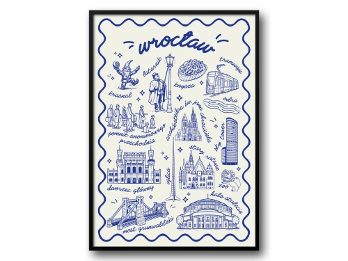 Wrocław– Ilustrowany Plakat z Ikonami Miasta (Wersja Granatowa)