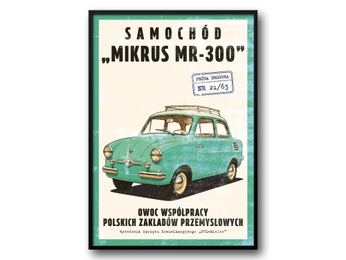 Mikrus MR 300 Plakat PRL / Retro Ilustracja Polskiego Mikrosamochodu z Epoki