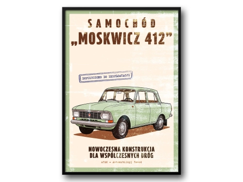 Moskwicz 412 Plakat PRL / Retro Ilustracja Kultowego Samochodu Radzieckiego