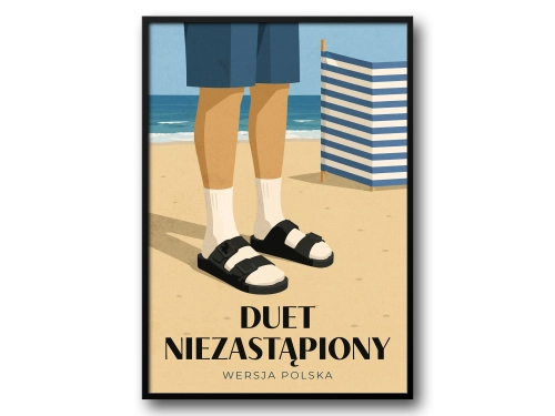 Plakat retro Duet niezastąpiony z klapkami i skarpetami