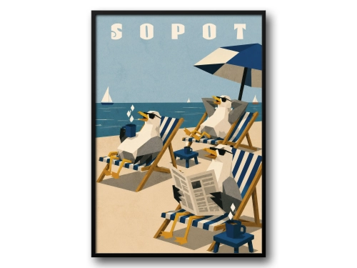 Plakat Sopot mewy na plaży wakacyjny plakat retro