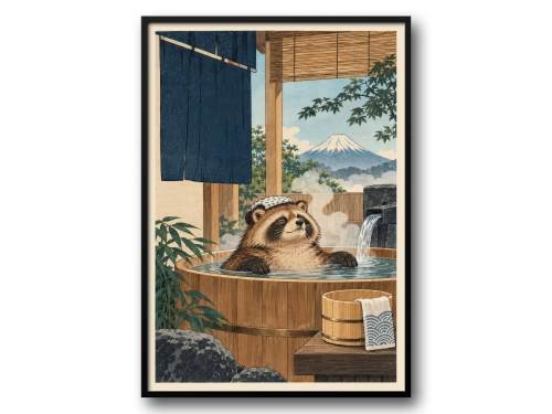 Plakat Łazienkowy Szop Jenot w Kąpieli Śmieszny Plakat do Łazienki Góra Fuji