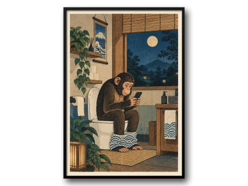 Plakat do Łazienki Małpa ze Smartfonem na Toalecie Śmieszny Plakat do WC Styl Japoński