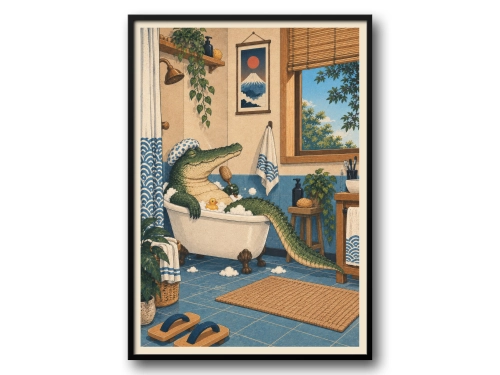Plakat Łazienkowy Aligator w Wannie Japoński Styl Retro Grafika Łazienkowa