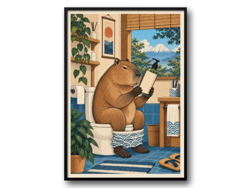 Plakat Łazienkowy Kapibara w WC Japońska Ilustracja ze Zwierzętami Góra Fuji