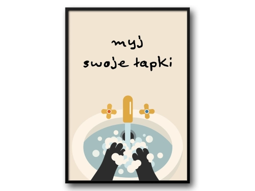 Plakat do Łazienki Myj Swoje Łapki Czarny Kot w Umywalce Śmieszny Plakat WC