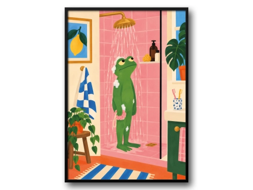 Plakat do Łazienki Żaba pod Prysznicem Śmieszny Plakat Łazienkowy Ilustracja