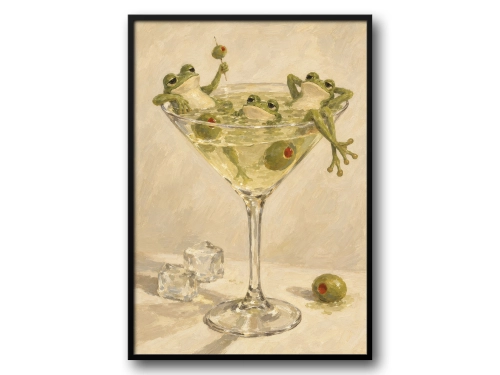 Plakat Łazienkowy Żaby w Kieliszku Martini Śmieszny Plakat do Łazienki Styl Malarski