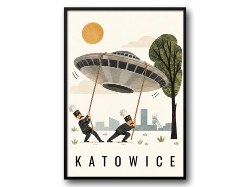 Plakat Katowice, górnicy i Spodek
