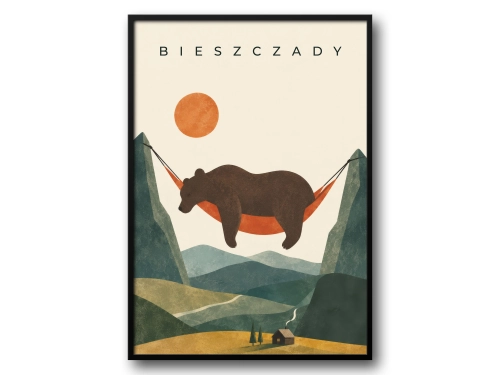 Plakat Bieszczady, niedźwiedź na hamaku