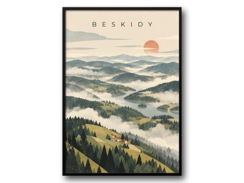Plakat Beskidy, górski krajobraz we mgle