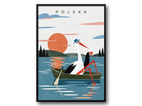 Plakat Polska, bocian na łódce