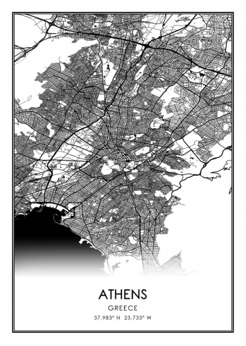 Mapa czarno biała plakat Ateny Athens
