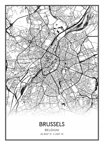 Mapa czarno biała plakat Brussels Bruksela