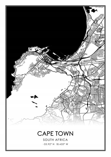 Mapa czarno biała plakat Cape Town Kapsztad