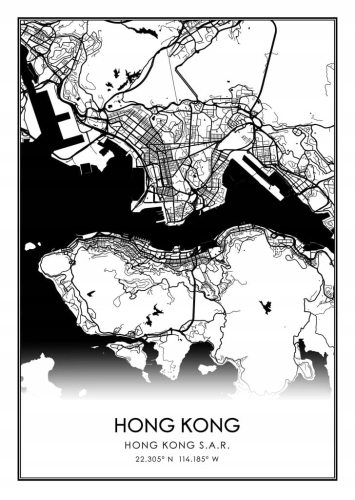 Mapa czarno biała plakat Hong Kong