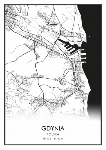Mapa czarno biała plakat Gdynia